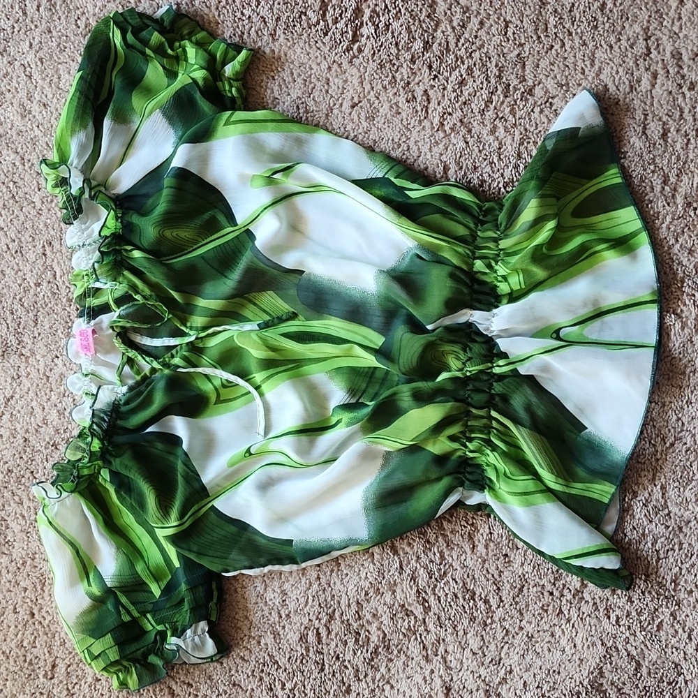 Womens sheer off the shoulder top abstract smocked waist sz M/L